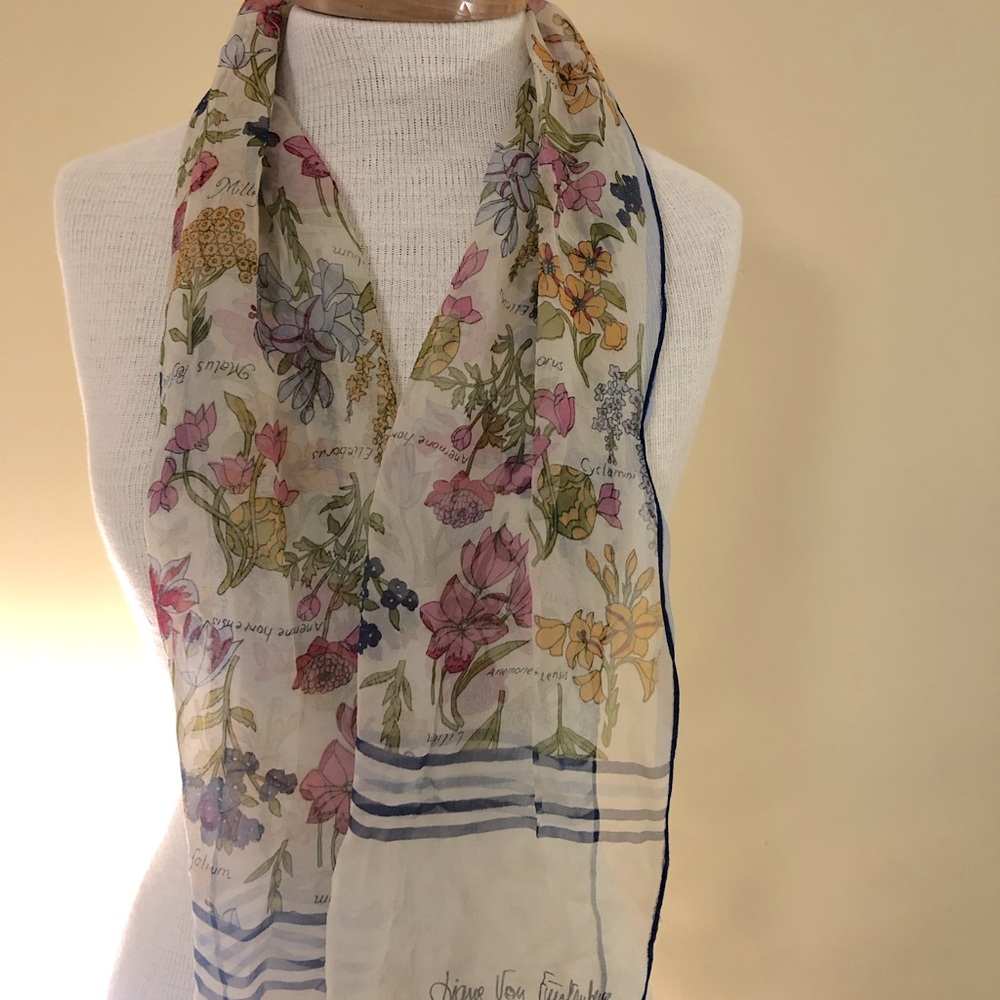 Vintage Diane von Fürstenberg Scarf, multi-color floral print on sheer cream